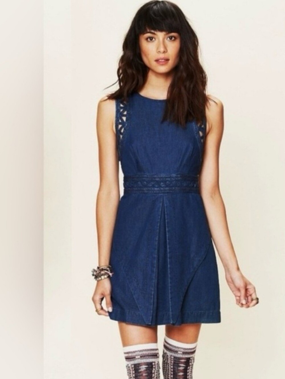 New Romantics Free People Sleeveless Dark Blue Denim Dress Boho Casual Basic